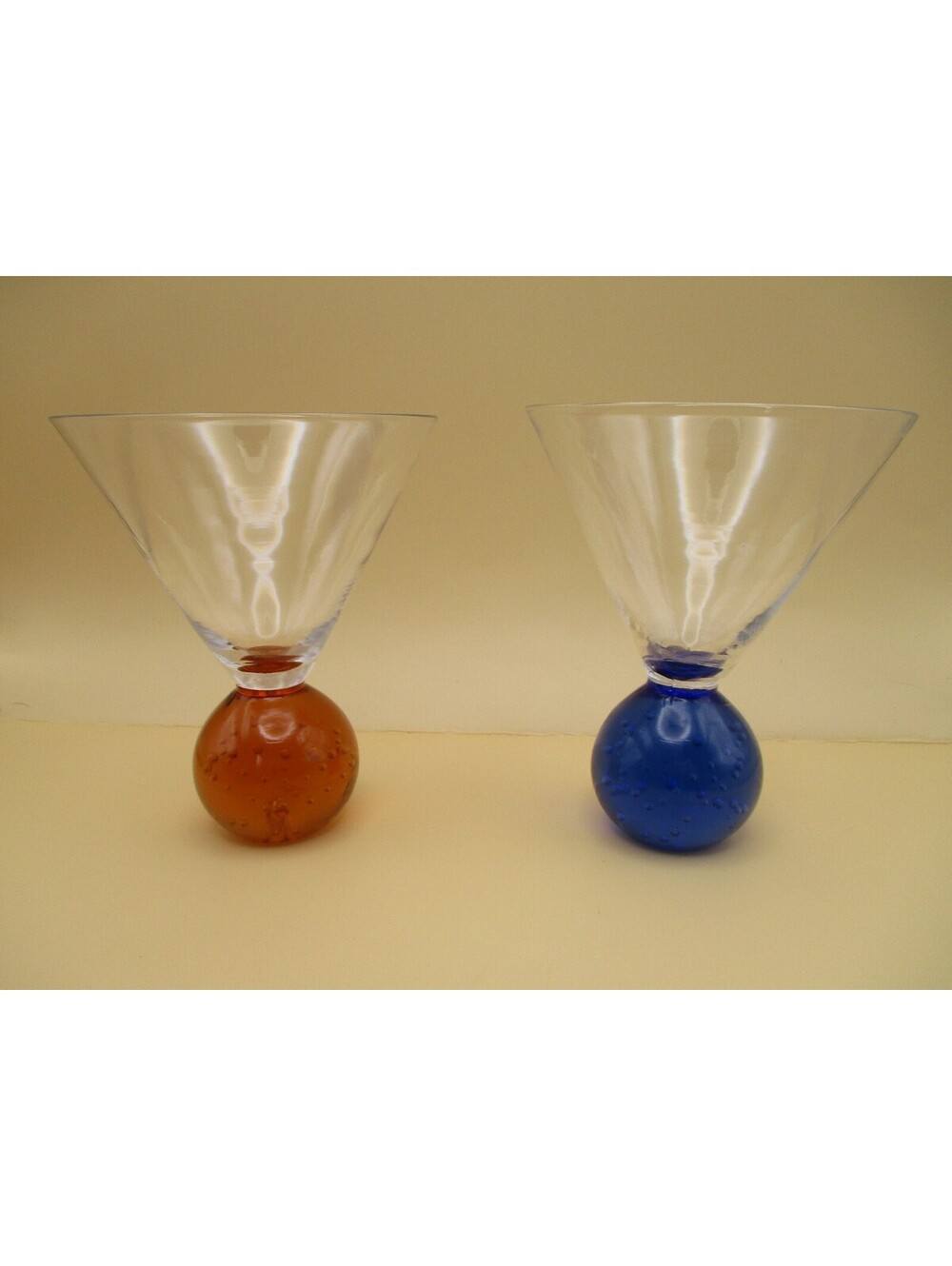 Vintage Postmodern Bubble Ball Stem Martini Glasses Set Amber Cobalt Blue MCM